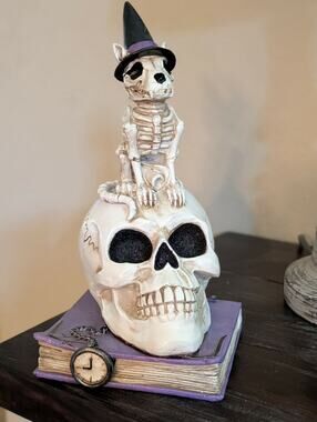 NEW! Skull Spell Book Topped With Witch Dog Skeleton Spooky Halloween Decor